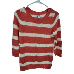 Old‎ Navy Striped Knit Sweater Coral White 3/4 Sleeve Crew Neck Small